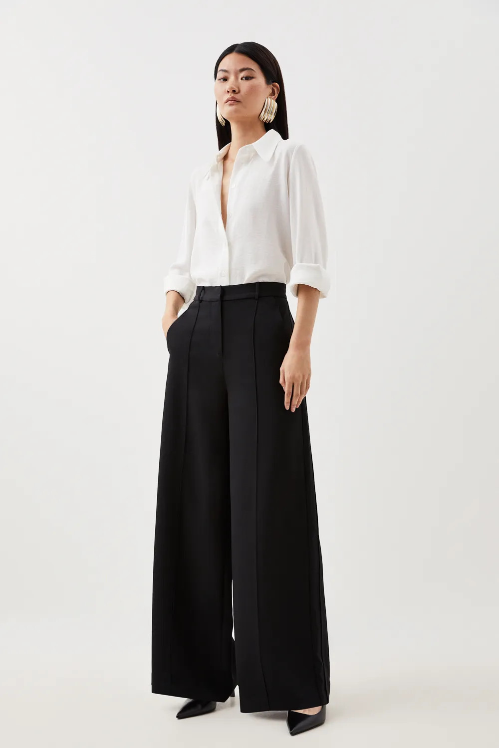 Petite Premium Woven Viscose Crepe Wide Leg Trouser | Karen Millen UK + IE + DE + NL