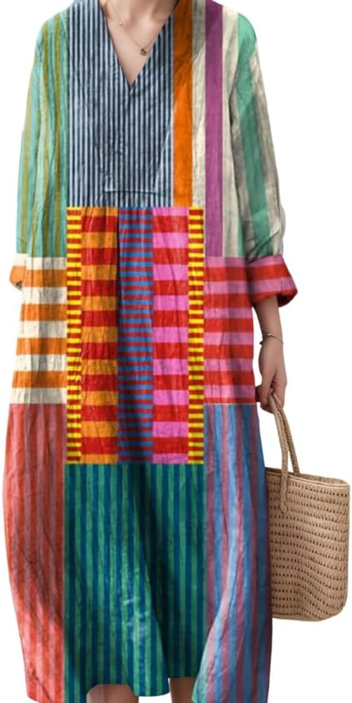 Akivide Women's V Neck Boho Floral Linen Maxi Dress Casual Plus Size Long Sleeve Beach Vacation T... | Amazon (US)