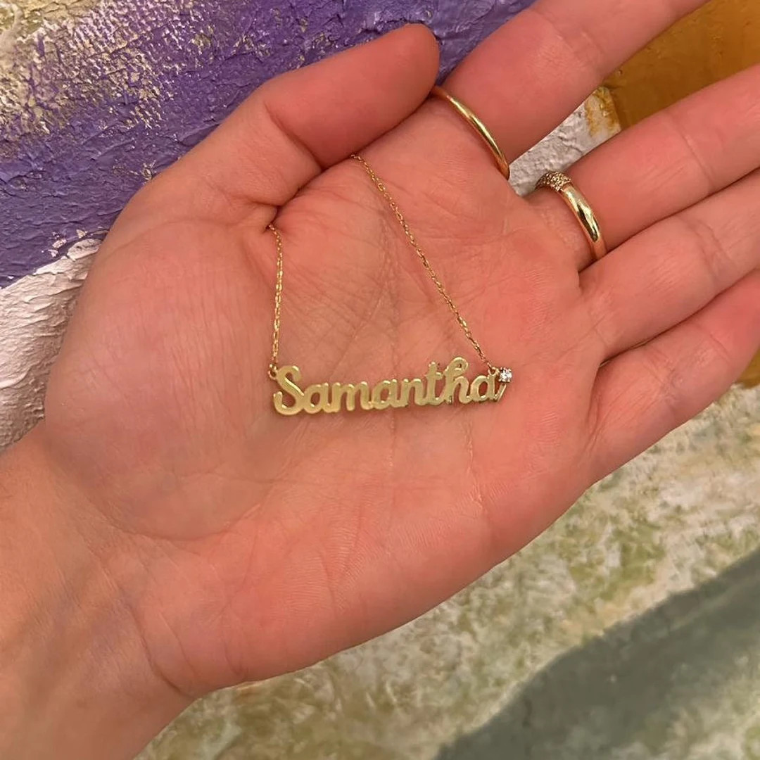 14K Gold Nameplate Necklace - Sam Script 14K Bezel Necklace - Dainty Jewelry - Personalized Name ... | Etsy (US)