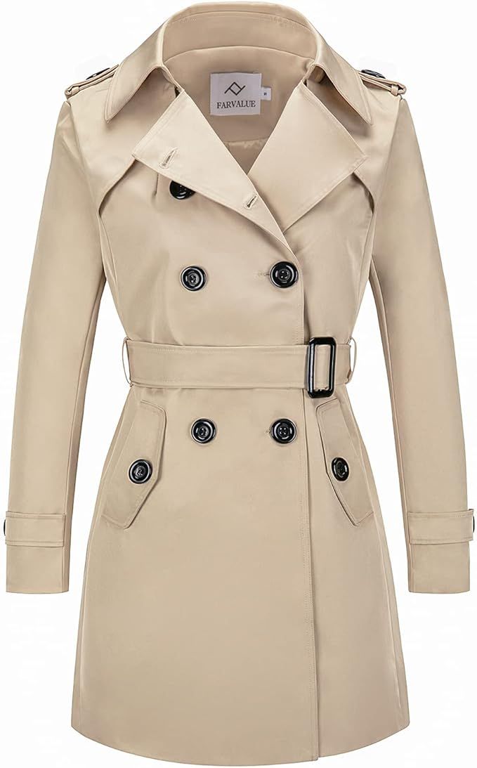 FARVALUE Women's Double Breasted Trench Coat Water Resistant Classic Belted Lapel Overcoat | Amazon (US)