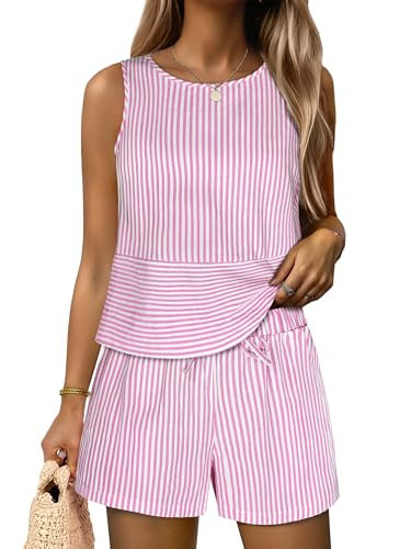 ANRABESS Womens 2 Piece Outfits Striped Summer Casual Sleeveless Tank Top Matching Shorts Lounge Sets Beach Vacation Clothes Pink White Stripe Large | Amazon (US)
