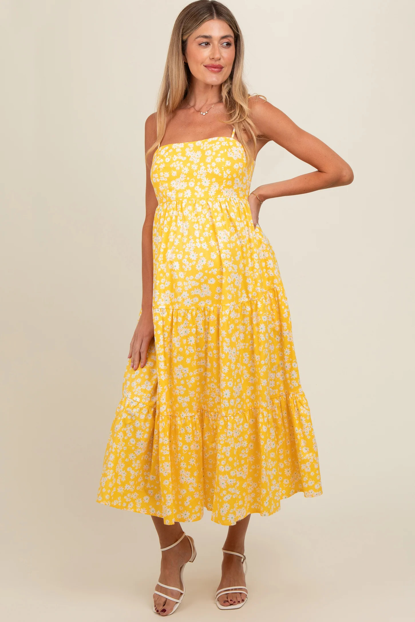 Yellow Floral Cutout Tie Back Maternity Midi Dress | PinkBlush Maternity
