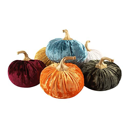 fulong 6PCS Faux Velvet Pumpkins Rustic Harvest Decoration, Soft Stuffed Artificial Pumpkins Home Decoration for Autumn Table Kitchen Centerpiece Fall Harvest Halloween Thanksgiving Decor | Amazon (US)