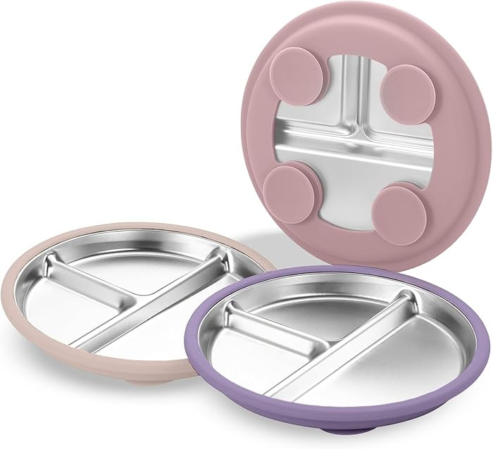 3Pack Stainless Steel Kids Plates, 8.1" Divided Kids Plate with Removable Silicone Suction Sleeve... | Amazon (US)