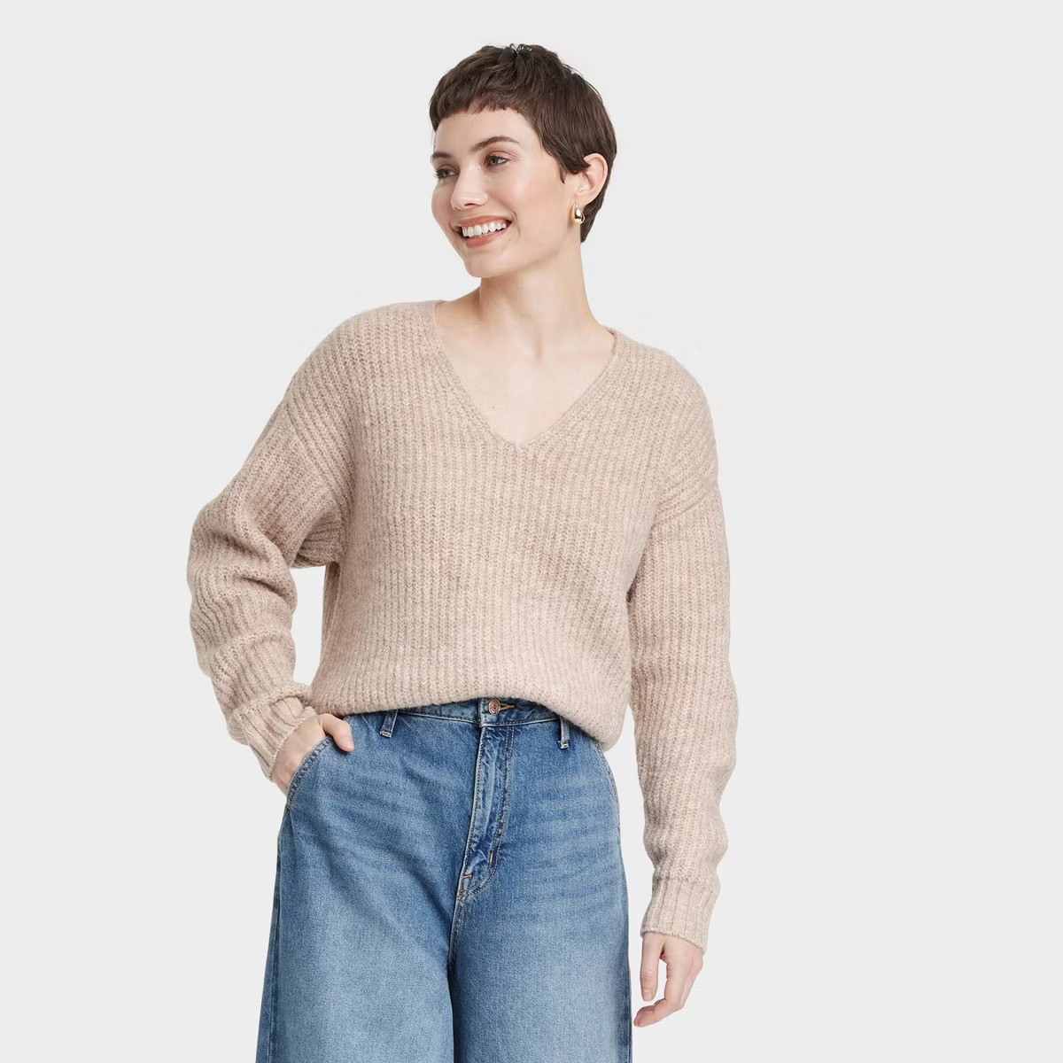 Women's V-Neck Pullover Sweater - Universal Thread™ Tan S | Target