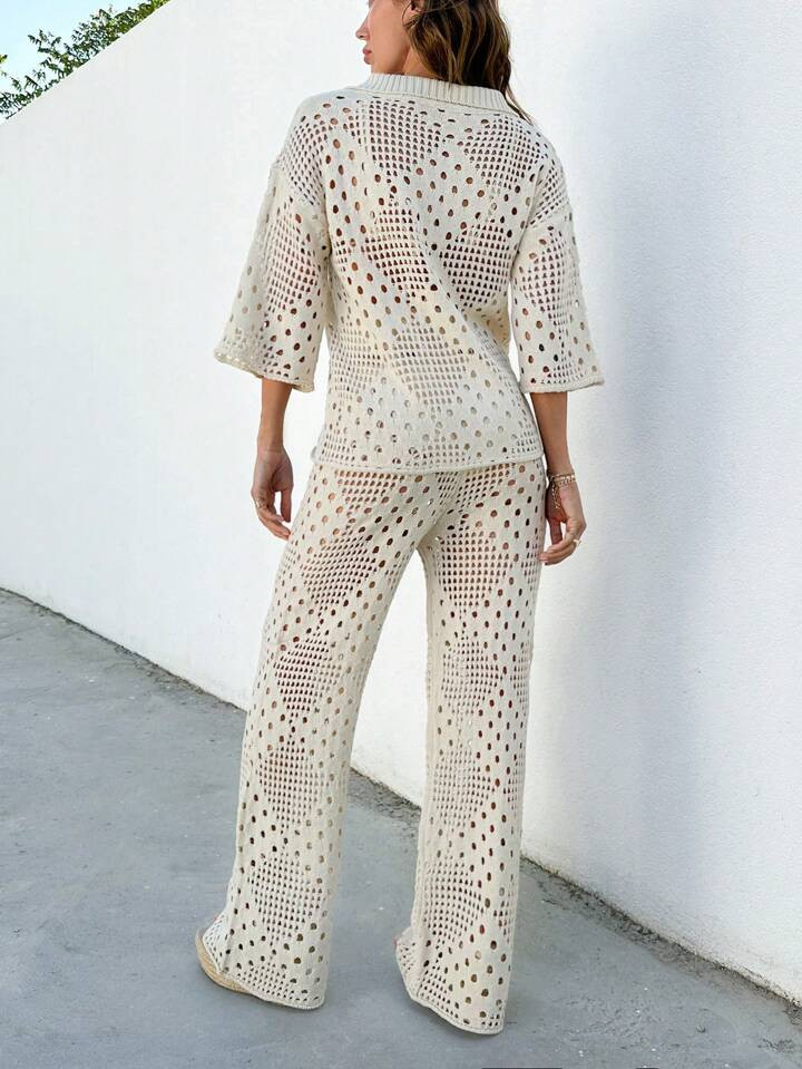 SHEIN Diamond Crochet Flower Collar Cover Up Top And Long Pants Summer Cover Up Two-Piece Set | SHEIN