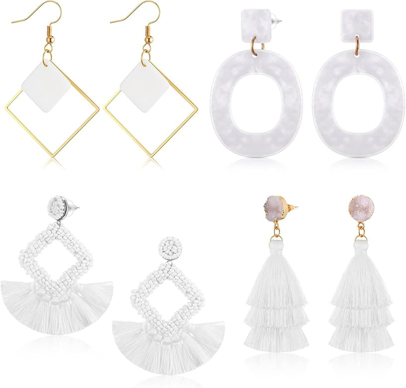 MTLEE 4 Pairs White Earrings for Women Layered Tassel Dangle Earrings Bohemian Geometric Earrings... | Amazon (US)