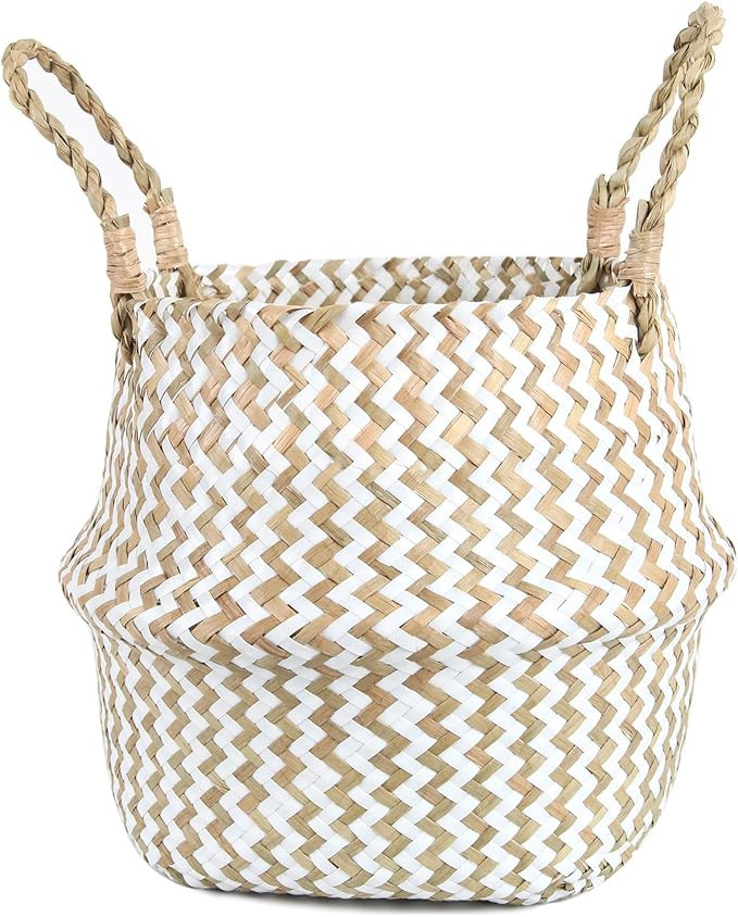 FEILANDUO Laundry Baskets Hand-Woven Seaweed Collapsible Multifunctional Storage Belly Basket wit... | Amazon (US)