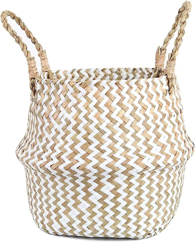 FEILANDUO Laundry Baskets Hand-Woven Seaweed Collapsible Multifunctional Storage Belly Basket wit... | Amazon (US)