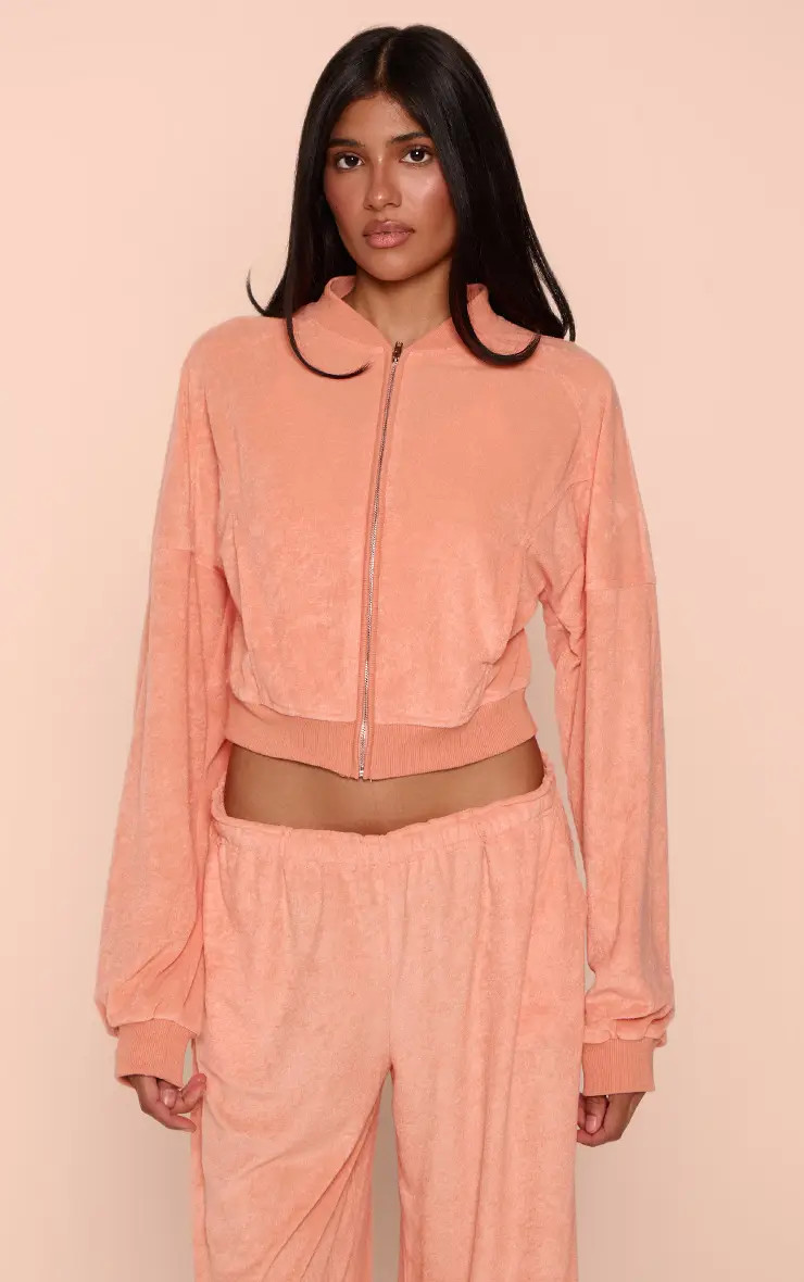 Peach Toweling Bomber Jacket | PrettyLittleThing UK