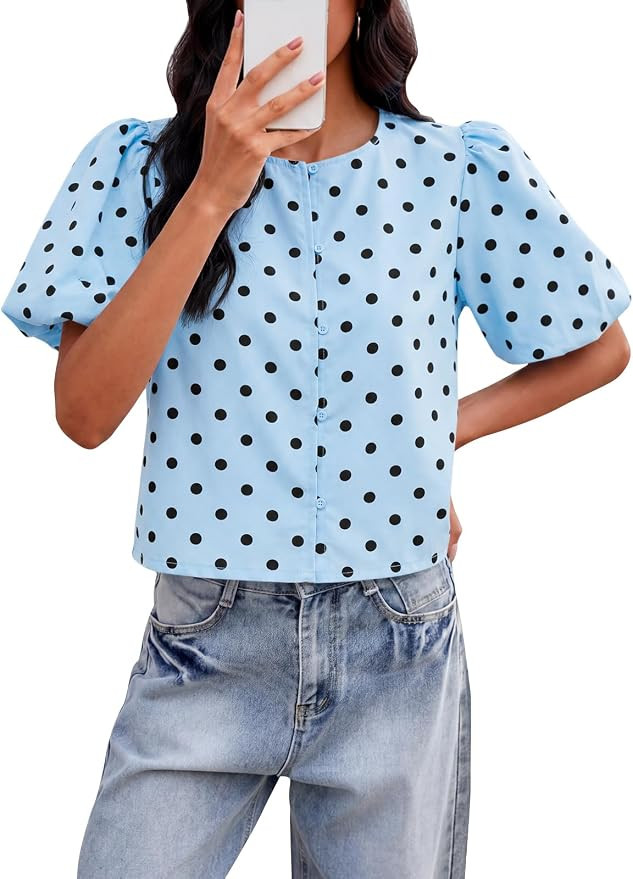 Tankaneo Womens Cropped Tops Puff Sleeve Button Down Shirts Trendy Casual Loose Fit Cute Blouse | Amazon (US)