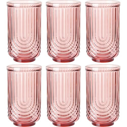 JOVGANK Pink Vintage Glassware Set of 6-17Oz Pink Water Drinking Glass, Art Deco Ripple Highball Glass, Whiskey Cocktail Glasses, for Bar Beverages Ice Coffee Juice, Housewarming Gifts | Amazon (US)