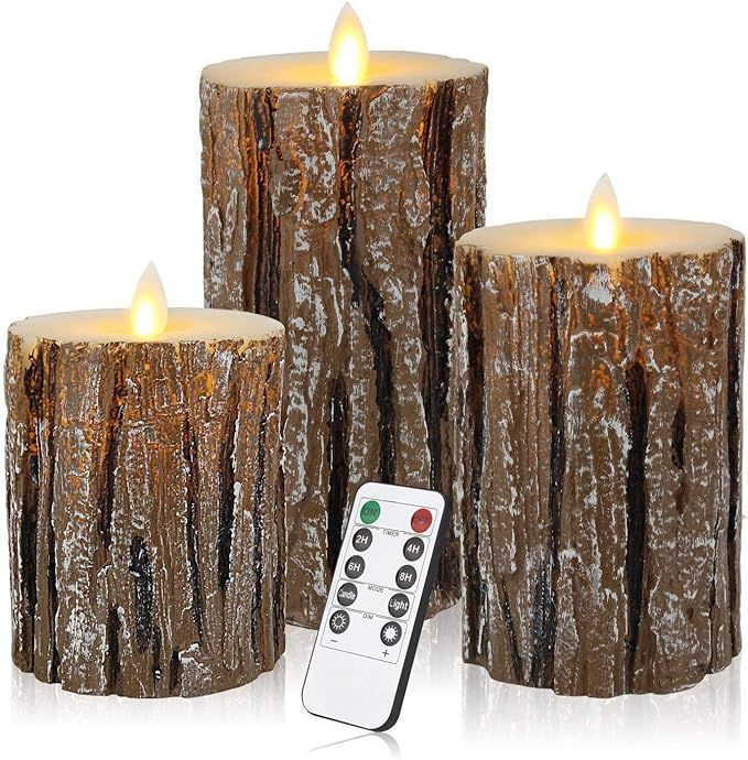 Aku Tonpa Pine Bark Effect Flameless Candles Battery Operated Pillar Real Wax Flickering Electric... | Amazon (US)