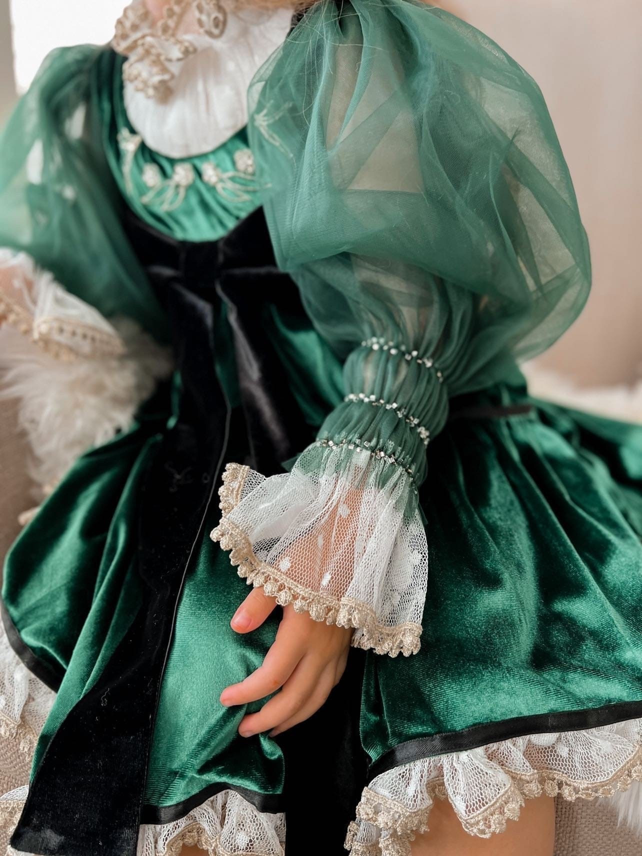 Aurora Royal Green Velour Dress | petite maison kids