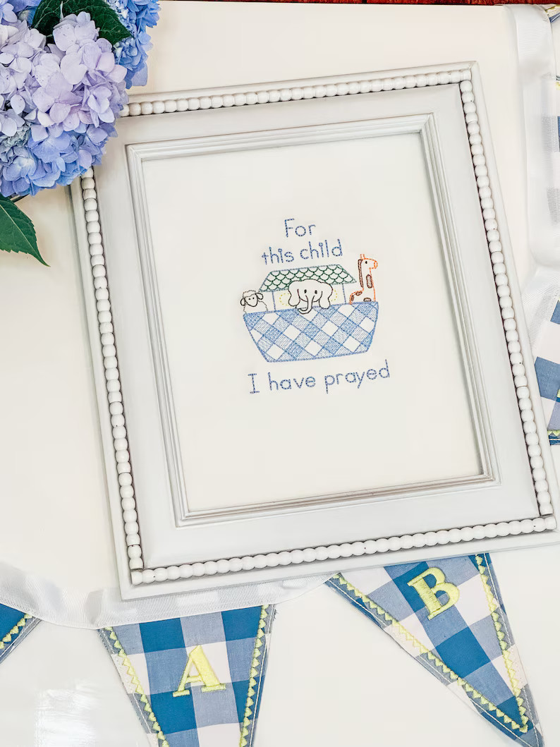 Blue Gingham Animal Noah’s Ark Embroidered Nursery Art | Framed Nursery Art for This Child I Ha... | Etsy (US)