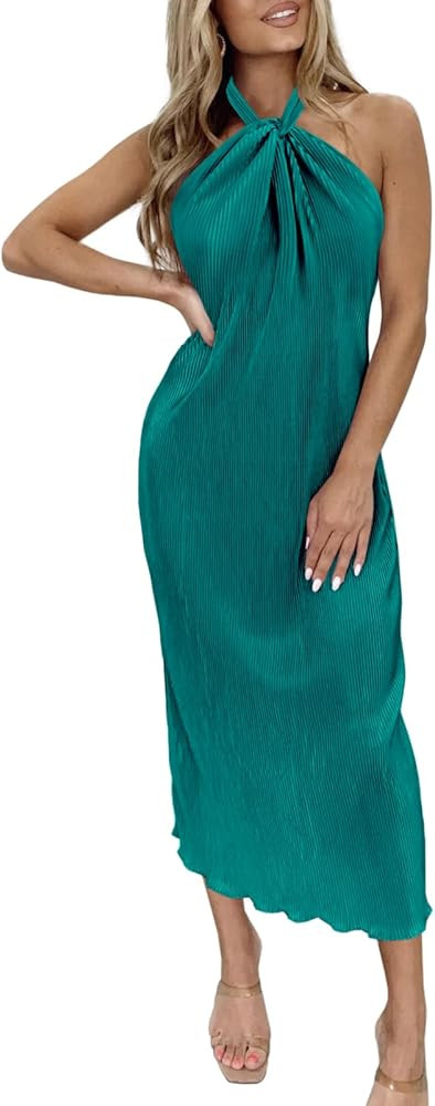 Wenrine Womens Sexy Halter Neck Dresses Backless Split Ribbed Cocktail Party Midi Dress | Amazon (US)