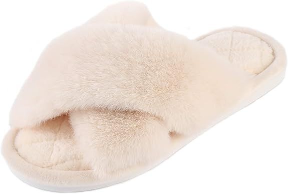 Women's Cross Band Soft Plush Fleece Open Toe House Shoes Slides Indoor or Outdoor Slippers Warm ... | Amazon (US)