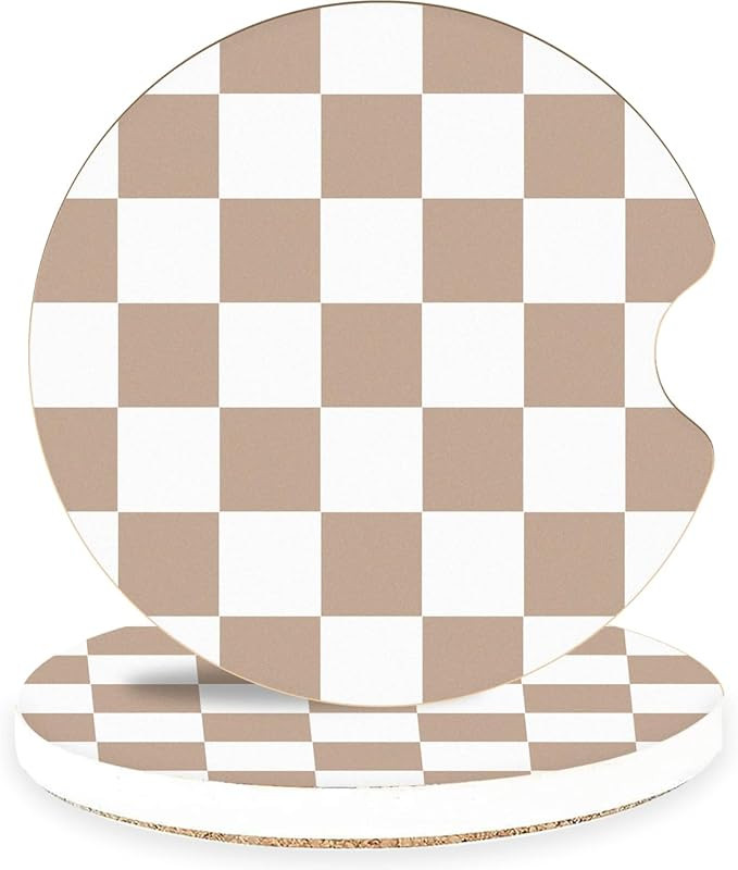 Brown Checkerboard Ceramic Car Coasters – Absorbent Car Cup Holder Coaster Set for Aesthetic Ca... | Amazon (US)