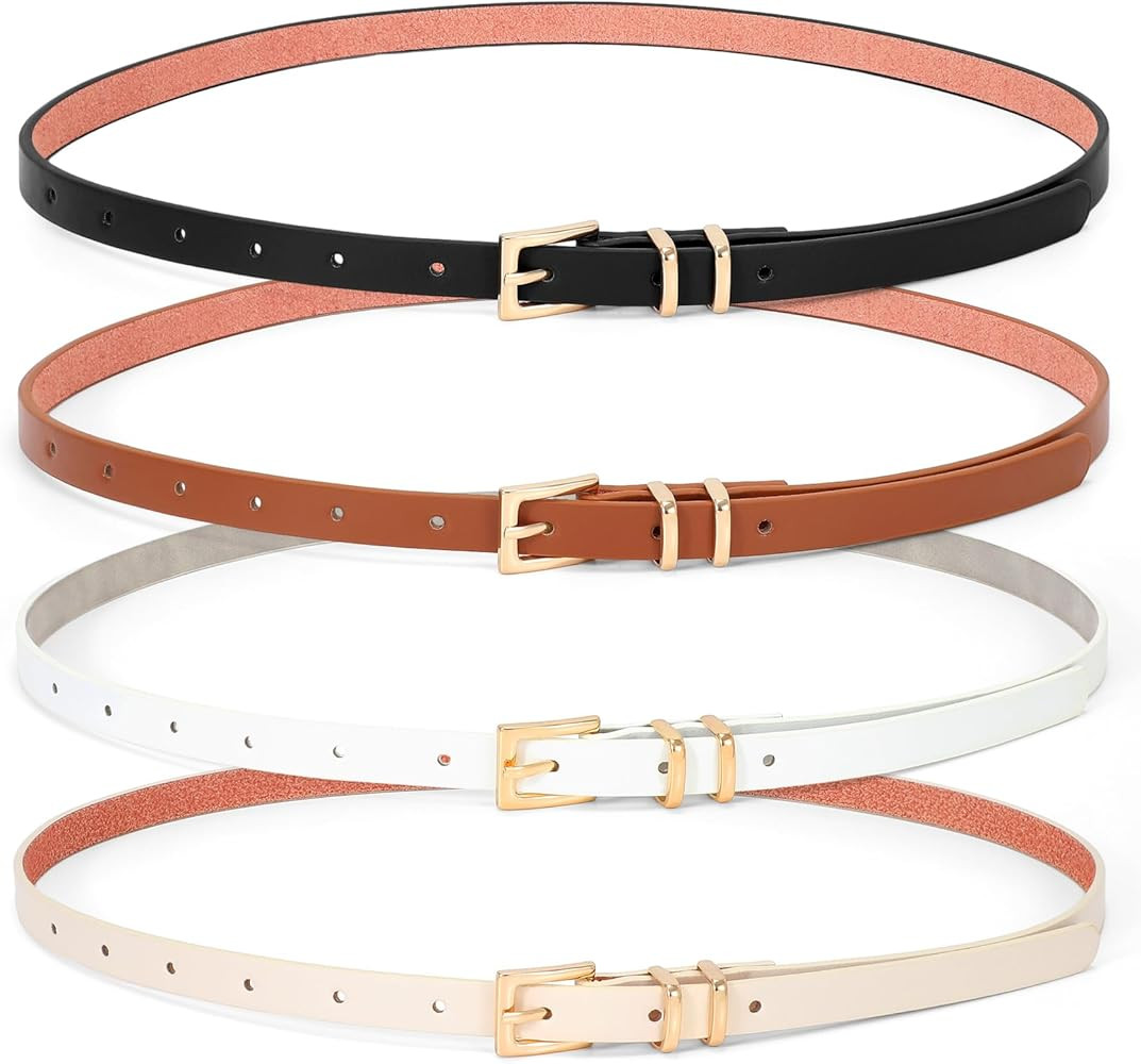WHIPPY Set of 4 Women Skinny Leather Belt Thin Waist Belt with Metal Buckle for Pants Jeans Dre... | Amazon (US)