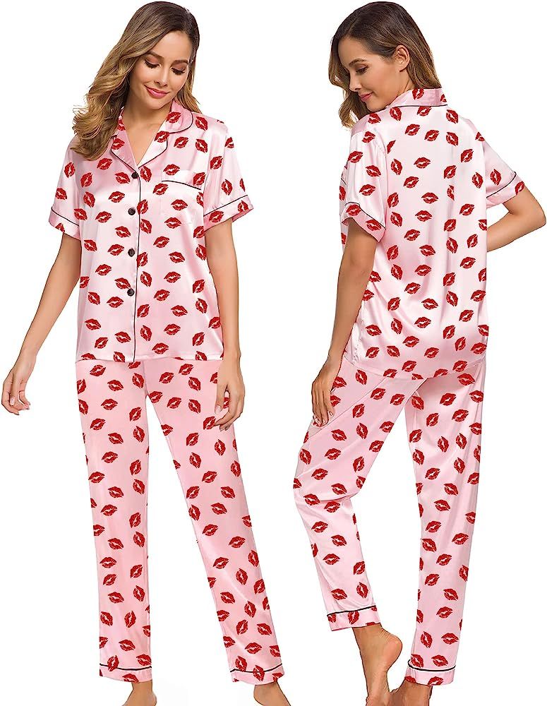 SWOMOG Womens Silk Satin Pajamas Loungewear Two-piece Sleepwear Button-Down Pj Set | Amazon (US)