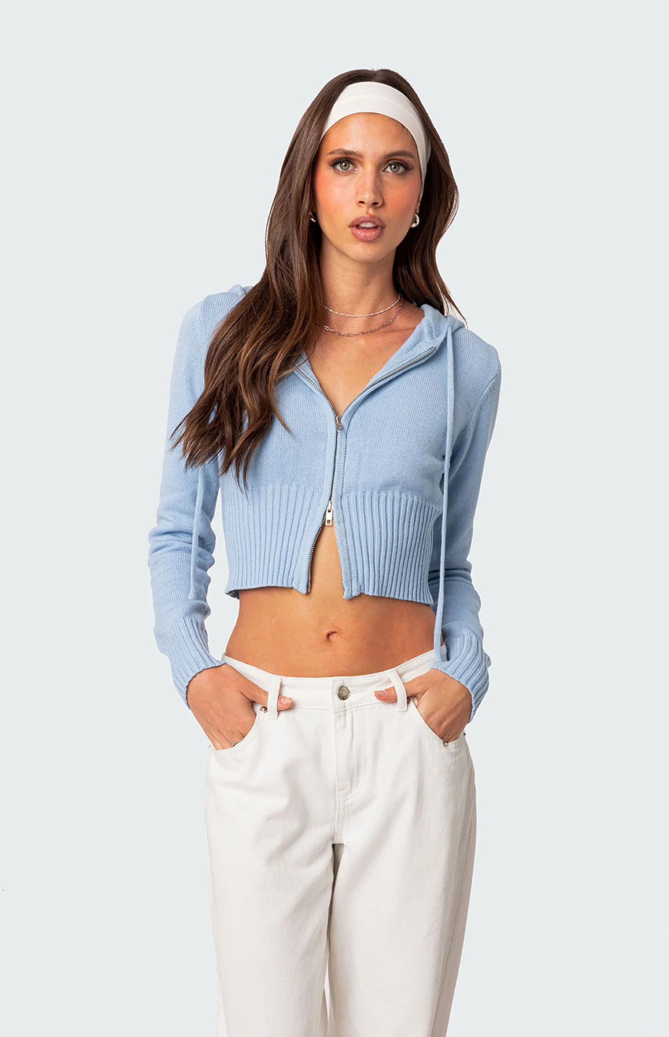 Edikted Women's Desiree Knitted Hooded Cardigan in Light Blue - Size Medium | PacSun