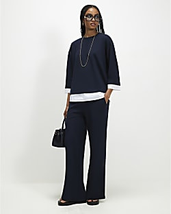 Navy Premium Wide Leg Trousers | River Island UK & IE