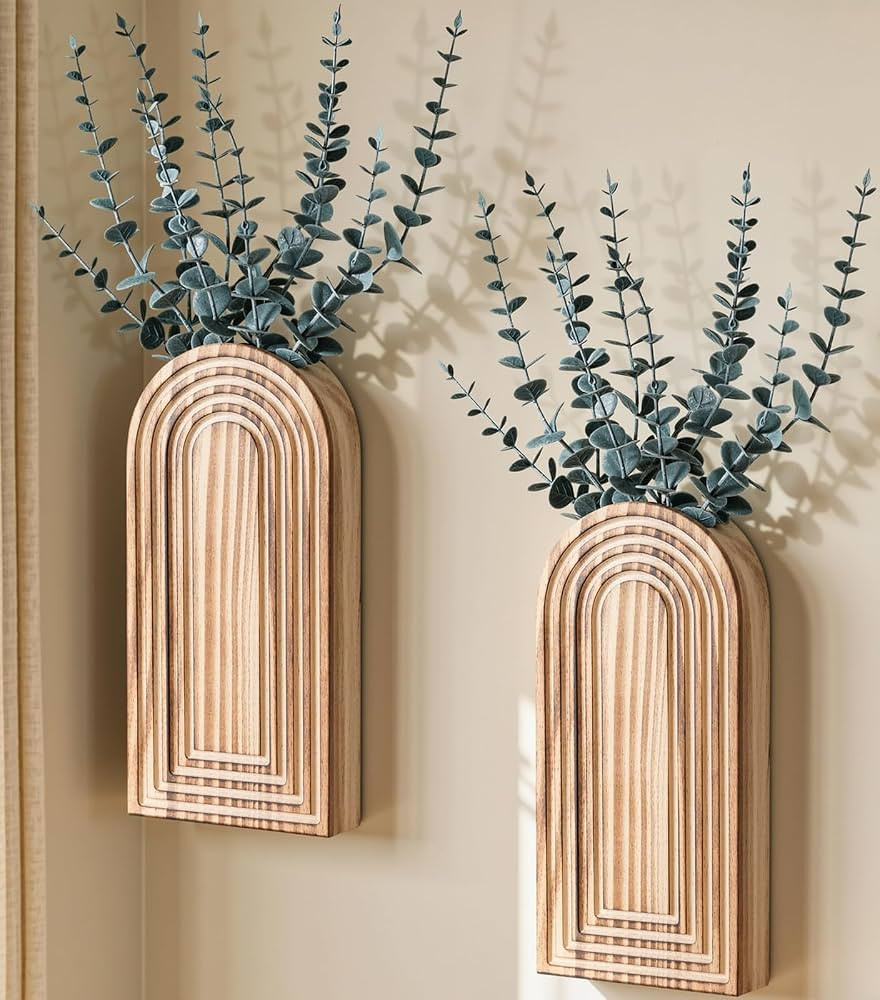 DREAMLOOM 2 Pack Wooden Wall Vases with Eucalyptus Artificial Plants, Wall Hanging Planters Boho ... | Amazon (US)