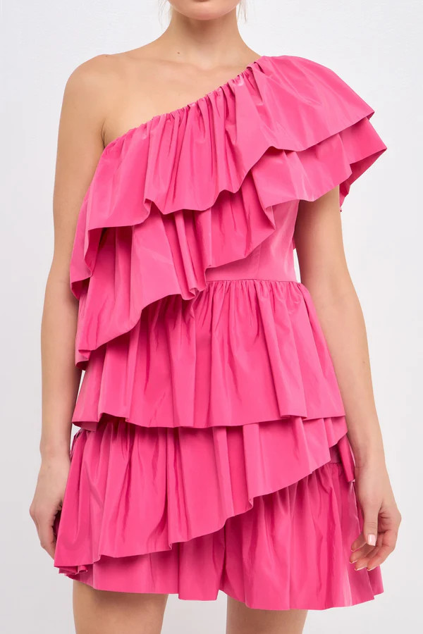 COLETTE ONE SHOULDER RUFFLE MINI DRESS IN PINK | Indigeaux Denim Bar & Boutique