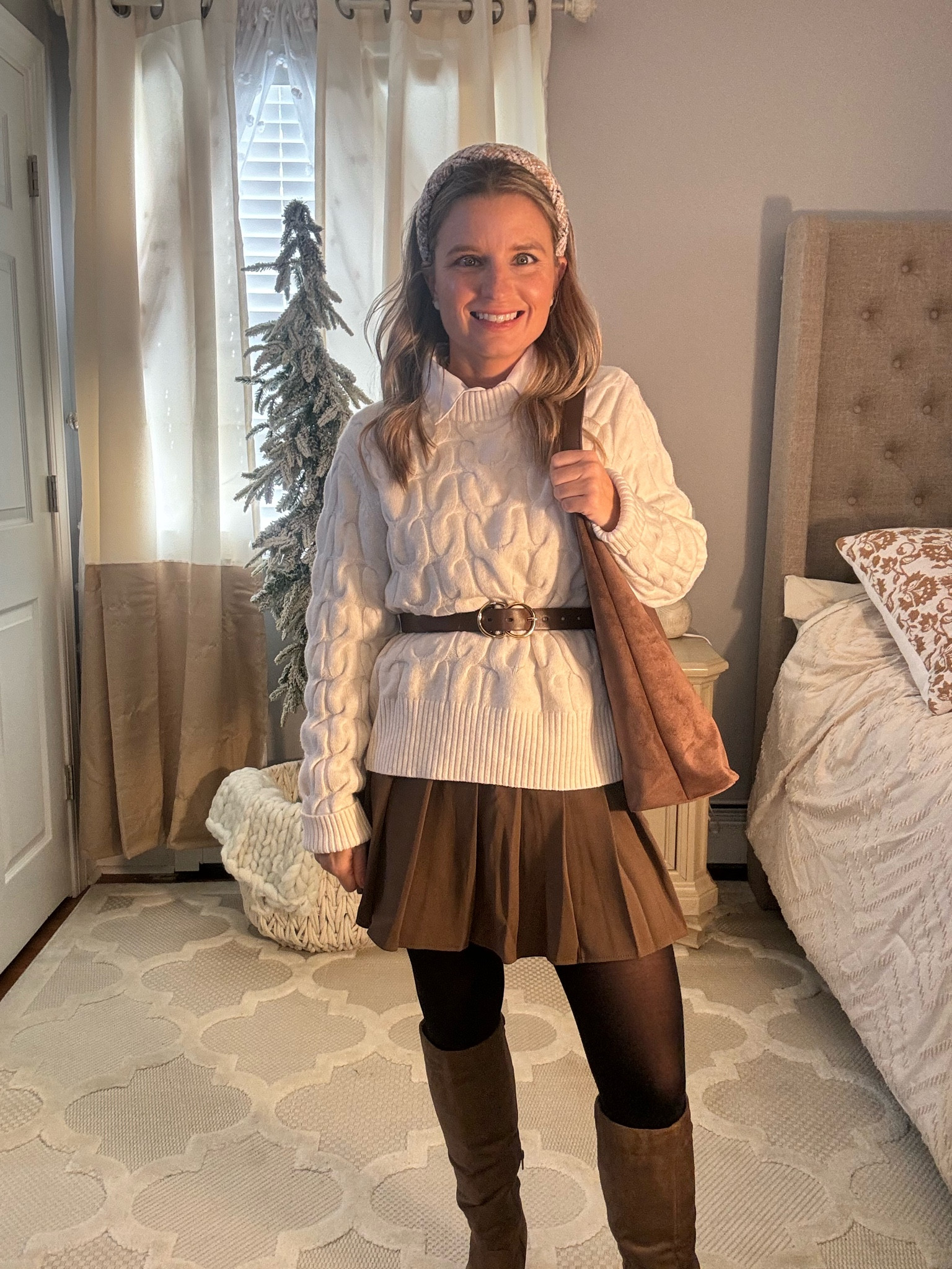 Cable knit sweater with pleated skirt! Thanksgiving outfit option! 

#LTKFindsUnder50 #LTKSeasonal #LTKHoliday