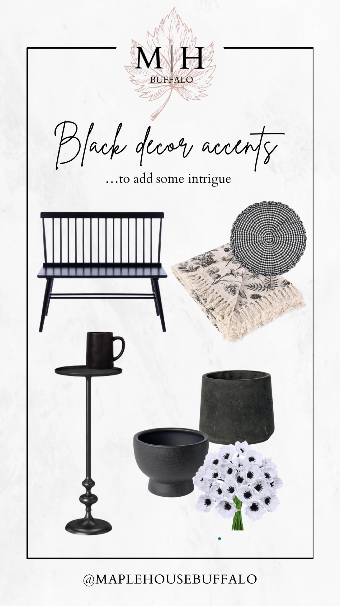 This week’s design tip is all about adding an element of black in every room to add intrigue and create that classic, timeless feel.
Black planter, vase, drink table, accent table, ceramic mug, bench, black gingham pillow, vintage black and cream blanket

#LTKFind #LTKstyletip #LTKhome