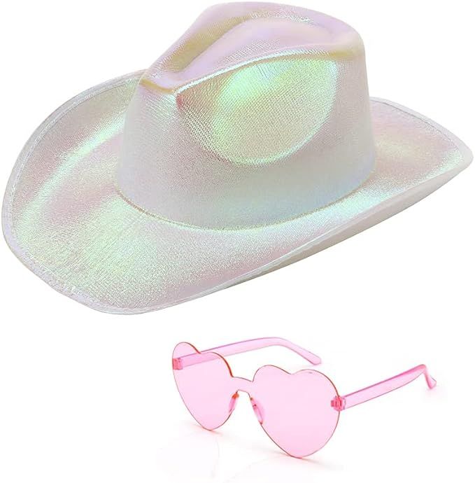 White Space Cowgirl Hat with Heart Glasses Women Metallic Holographic Cowboy Hats Neon Rave Spark... | Amazon (US)