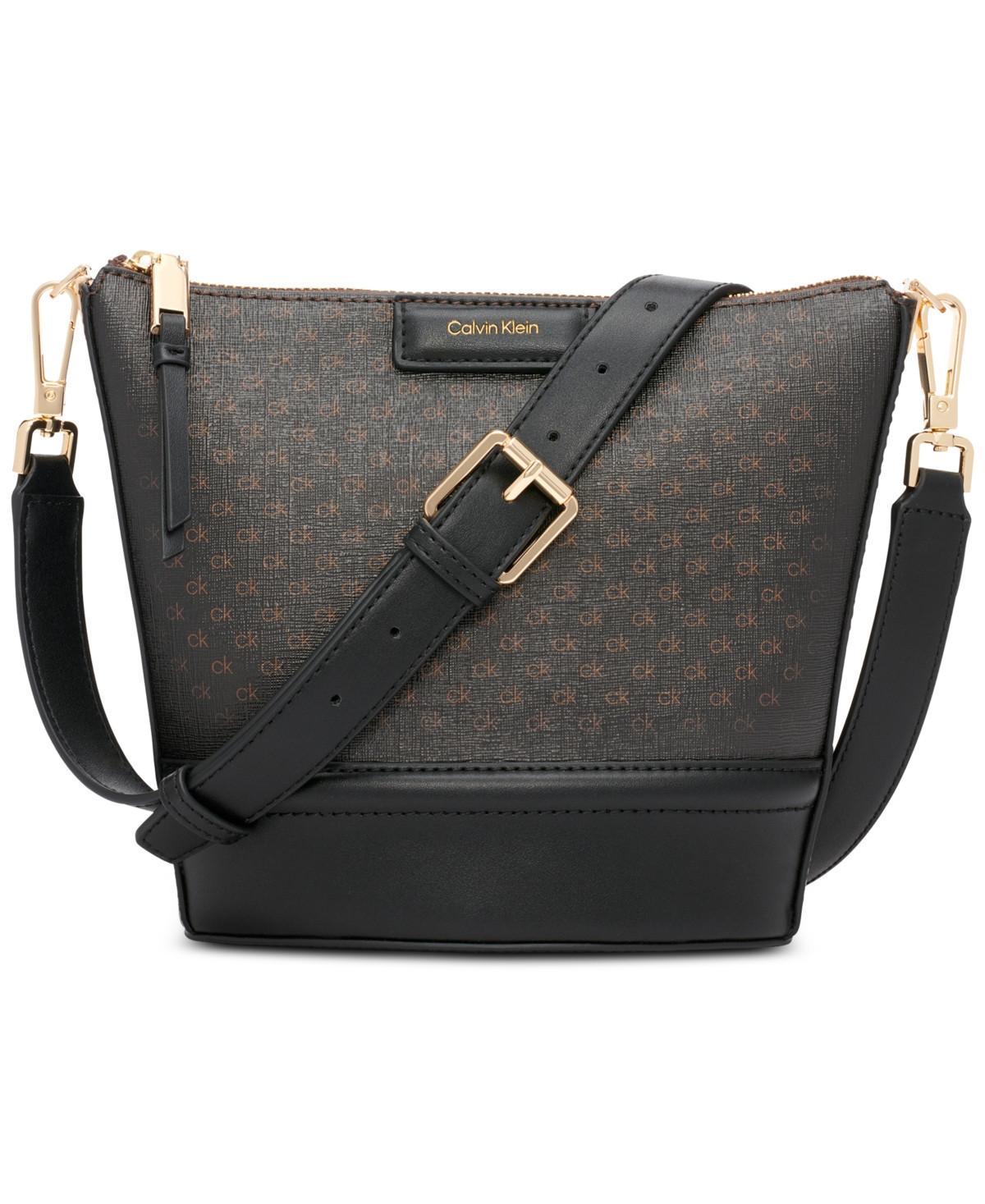 Calvin Klein Ash Signature Adjustable Top Zipper Crossbody - Brown Khaki/Black | Macy's