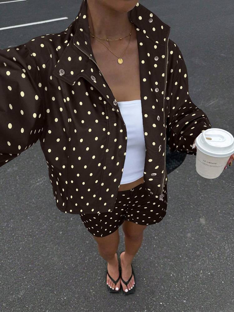 SHEIN Muchic 2025 Autumn Women's Polka Dot Print Long Sleeve Zip-Up Jacket And Shorts Casual Loose 2-Piece Set, Y2K Style Back To School 2000s Streetwear, Grunge And Punk Fashion Brown | SHEIN