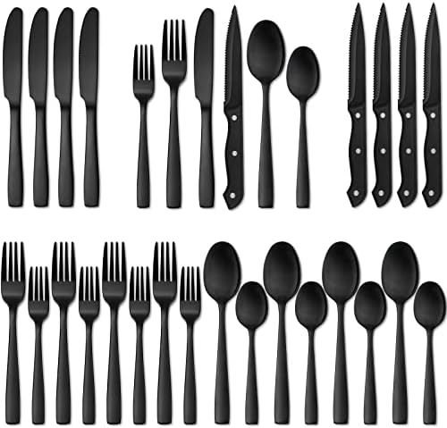 Hiware 24 Pieces Matte Black Silverware Set with Steak Knives for 4, Stainless Steel Flatware Utensi | Amazon (US)