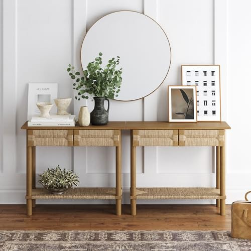 Nathan James Beacon Wooden Sofa Console Table with Drawers, Bohemian Entryway Accent, Hallway Furniture with Seagrass Shelf, Light Brown, Set of 2 | Amazon (US)