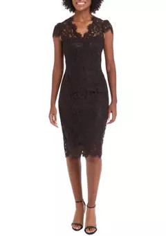 Eliza J Women's Short Sleeve V-Neck Scallop Lace Sheath Dress | Belk