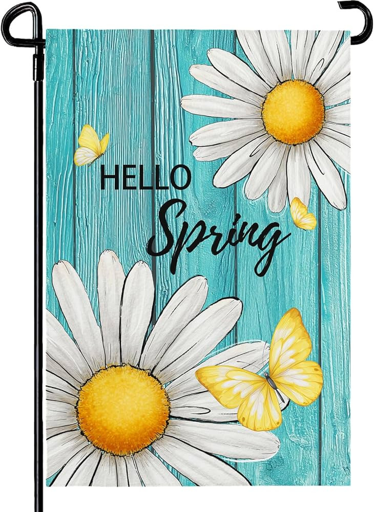 Hello Spring Garden Flag 12x18 Inch Double Sided Blue Daisy Flower Yard Flags Floral with Butterf... | Amazon (US)