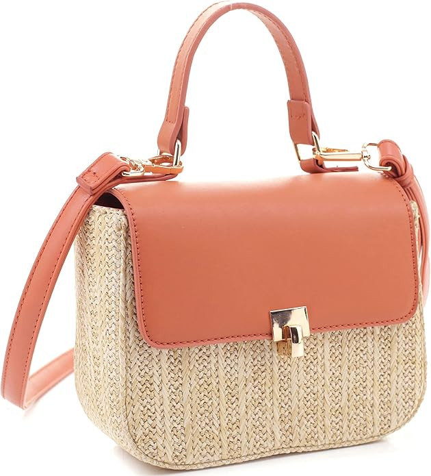 Womens Top-Handle Straw Rattan Structured Small Medium Flap Satchel Purse Crossbody Bag | Amazon (US)