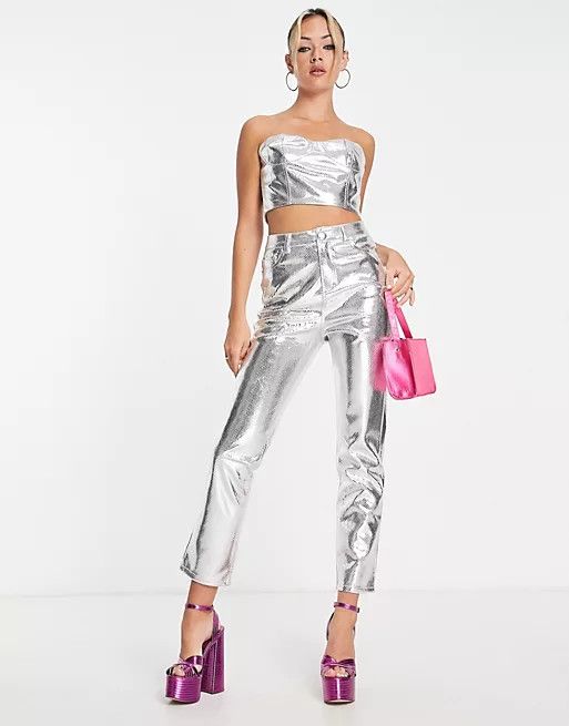 4th & Reckless straight leg metallic pants in silver - part of a set | ASOS (Global)