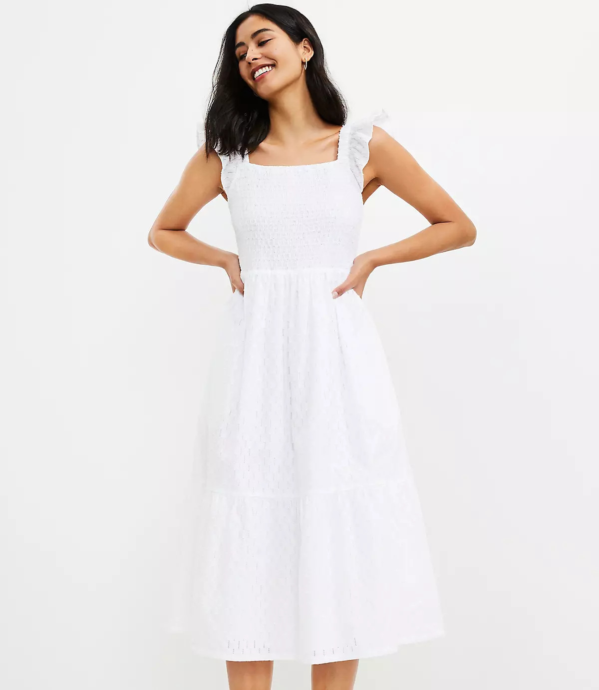 Clip Smocked Ruffle Midi Pocket Dress | LOFT | LOFT