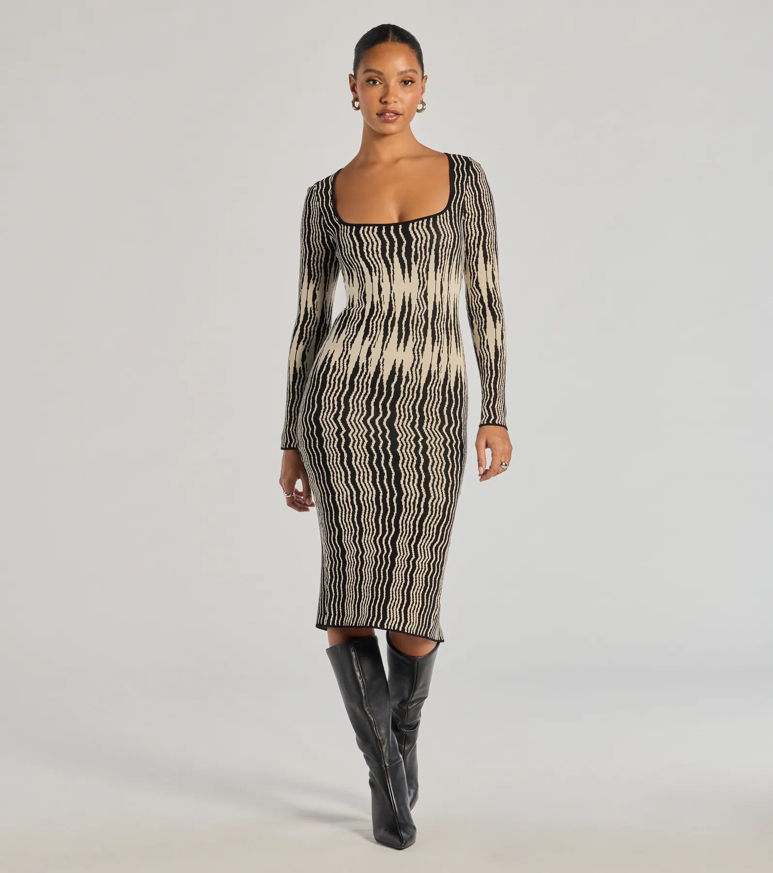 Trendy Look Abstract Striped Knit Midi Sweater Dress | Windsor Stores