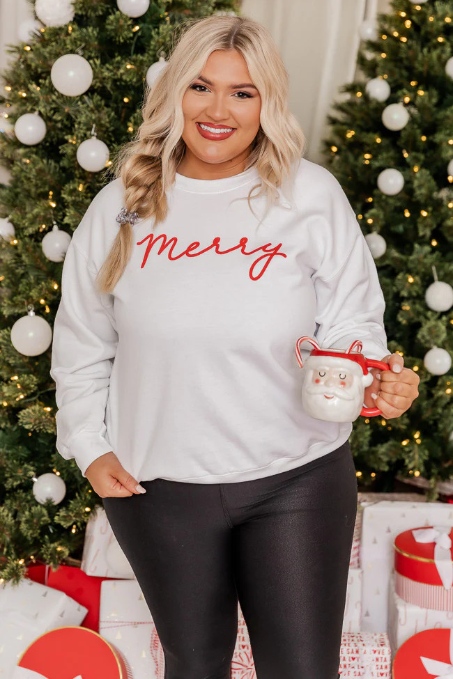 Merry Script Graphic White Sweatshirt | Pink Lily