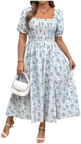 Verdusa Women's Plus Size Boho Floral Long Dress Square Neck Shirred Flowy Wedding Guest Dresses | Amazon (US)