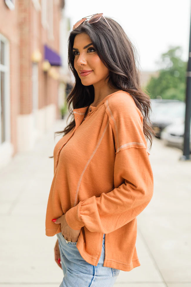 Like Me Again Rust Contrast Stitch Henley | Pink Lily