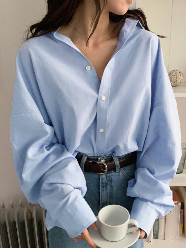 DAZY Solid Button Up Drop Shoulder Oversized Shirt | SHEIN