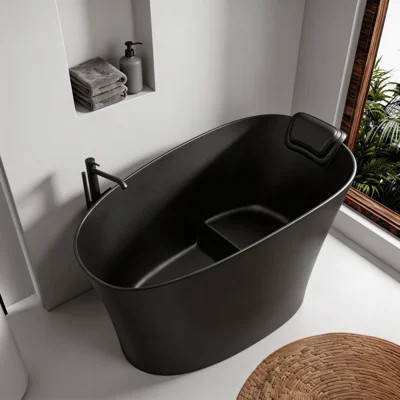 51 in Black Solid Surface Oval Freestanding Soaking Bathtub with Integral Seat, Headrest, Overflow and Drain Assembly | Wayfair North America