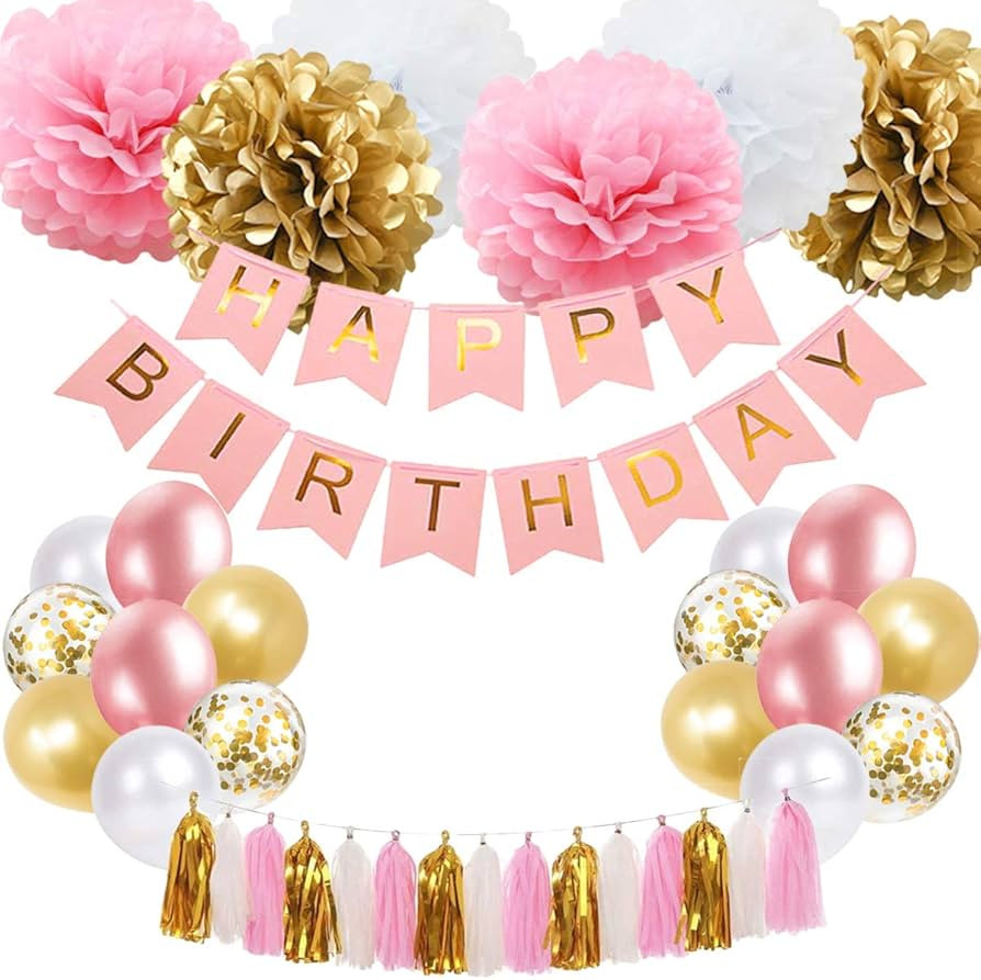 Pink and Gold Birthday Decoration, Happy Birthday Banner, Tissue Flower, Party Balloons for 16th ... | Amazon (US)