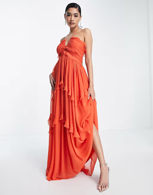 ASOS DESIGN - Robe longue à volants étagés avec dos nu et ouverture goutte d'eau - Orange | ASOS (Global)