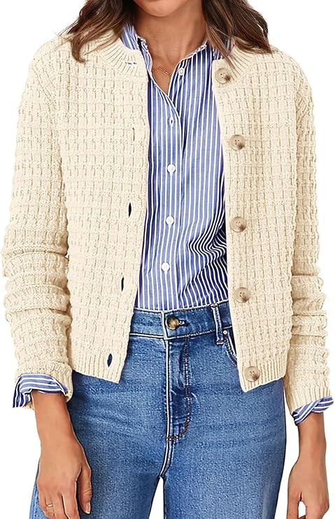 ATHMILE Womens Cardigan Sweaters Casual Long Sleeve Button Down Crewneck Casual Knit Cropped Fall... | Amazon (US)