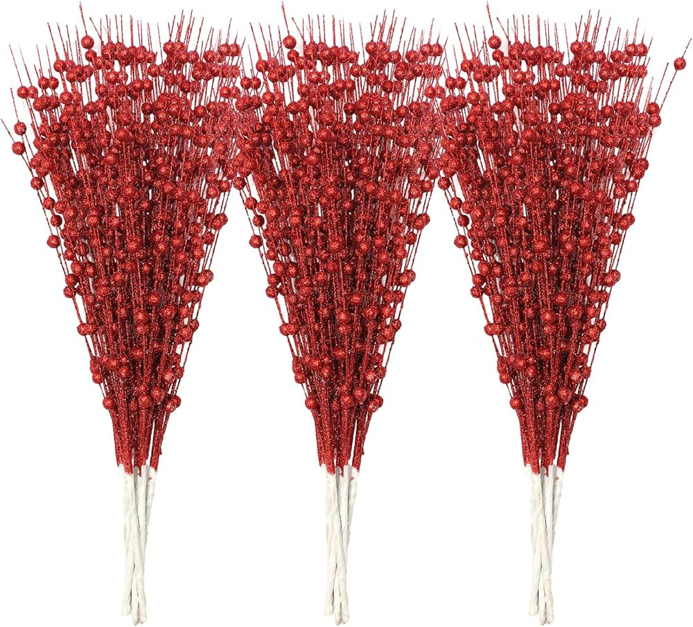 30-Pack Christmas Picks and Sprays Red Artificial Glitter Berry Stems Branches Twigs Sticks Sprig... | Amazon (US)
